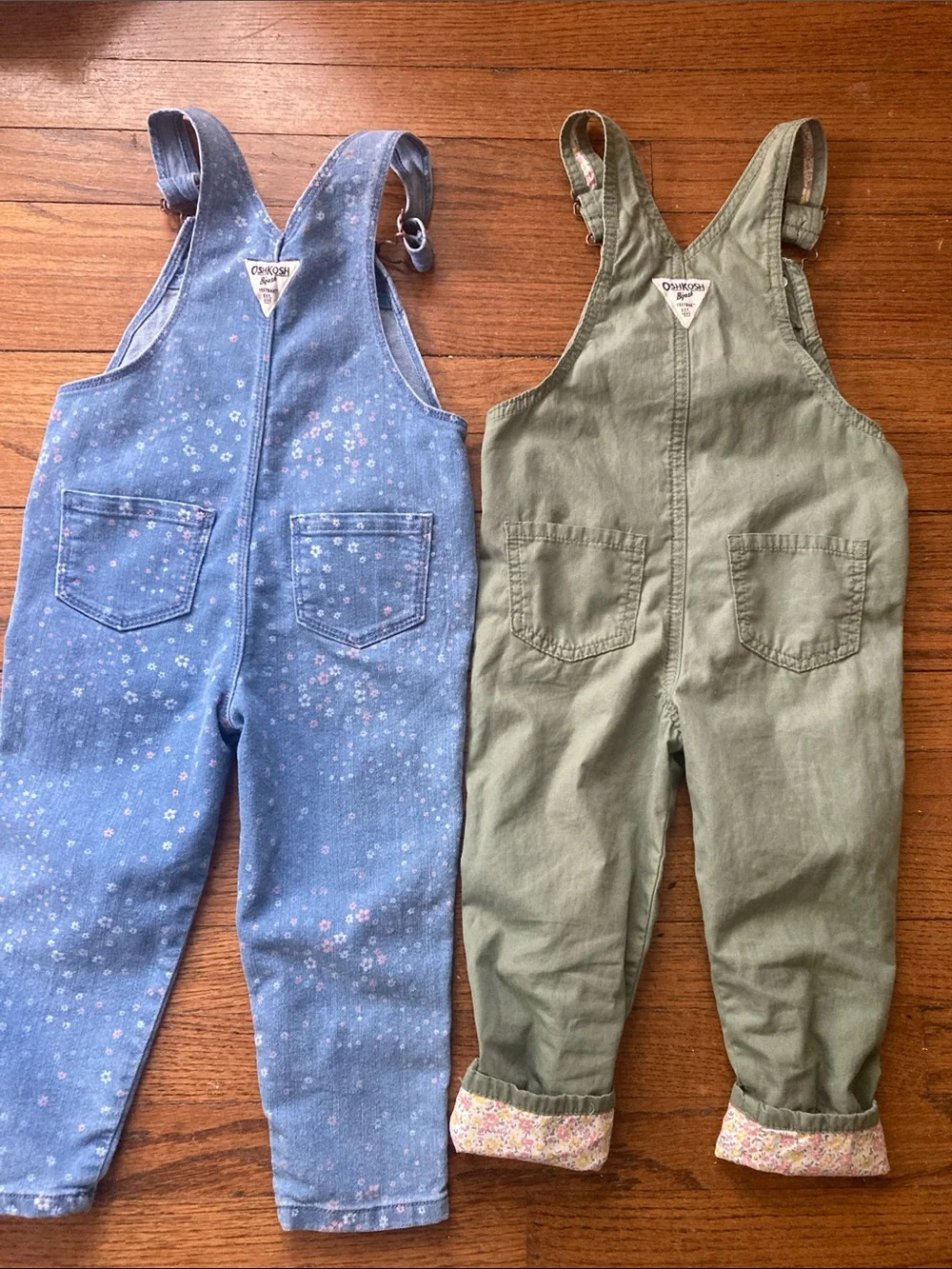 OshKosh B'gosh Set of 2 Overalls Blue Floral Denim and Olive Green 3T Bundle